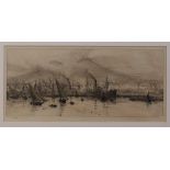 William Lionel Wyllie - View of a Continental Harbour, early 20th Century monochrome etching, signed