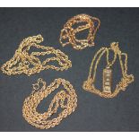 A 9ct gold ingot shaped pendant, two 9ct gold ropetwist link neckchains and two further neckchains.