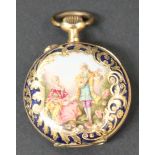 A Continental 14ct gold and enamelled lady's fob watch, the enamel dial with black Arabic