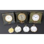 Three plated open-faced gentleman's pocket watches, each enamel dial with subsidiary seconds and