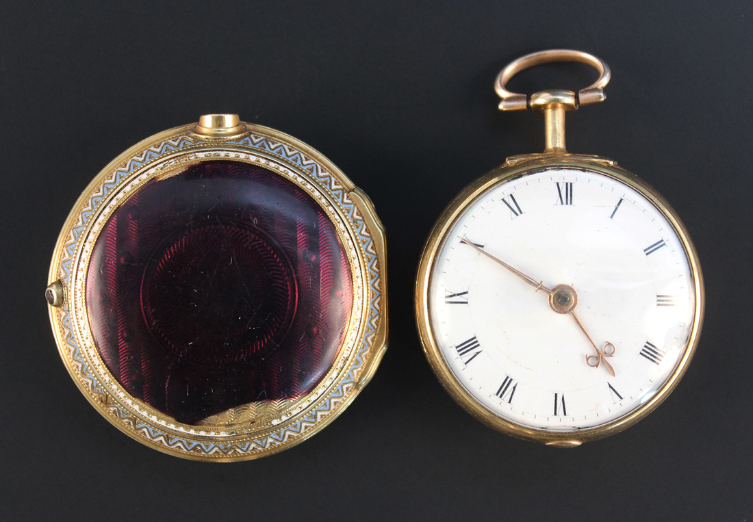 A gold and enamelled twin cased keywind open-faced pocket watch, the gilt fusee movement with a