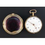 A gold and enamelled twin cased keywind open-faced pocket watch, the gilt fusee movement with a