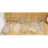 A quantity of clear glassware, including a three trumpet epergne and two decanters and stoppers (