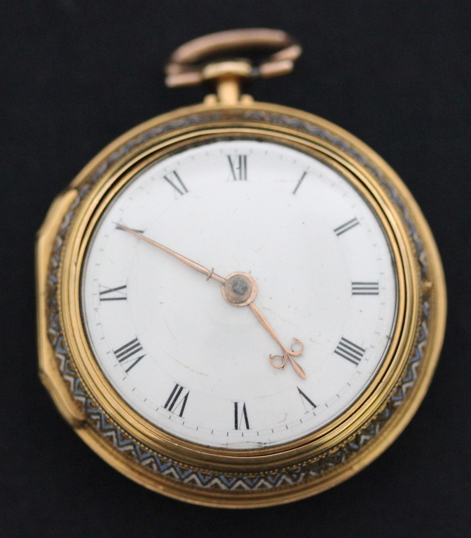 A gold and enamelled twin cased keywind open-faced pocket watch, the gilt fusee movement with a - Image 6 of 9