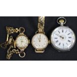 A Record 9ct gold circular cased lady's wrist watch, the signed silvered dial with gilt Arabic