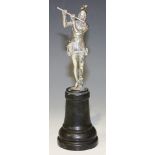 A George V silver figure of the Pied Piper of Hamelin, raised on a black marble pedestal, import