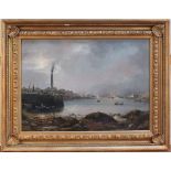 Late 19th Century British School - View of a Harbour Town, oil on canvas, approx 48cm x 67cm, within