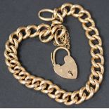 A gold hollow curblink bracelet, on a gold heart shaped padlock clasp, detailed '15ct'.