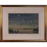 Vernon Ward - Swans in Flight, late 20th Century watercolour and gouache, signed, approx 30cm x