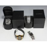 An Emporio Armani steel square cased gentleman's wristwatch, the signed black dial with three
