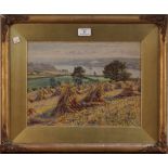 Woodbine Hinchliff - View across Corn Stooks towards a Ship on a River, watercolour, signed and