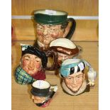 A Royal Doulton mid-sized character jug of 'Mr Pickwick', D5839, two small character jugs, 'The