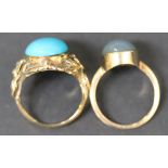 A 9ct gold ring mounted with an oval turquoise, ring size approx M, and a 9ct gold ring mounted with