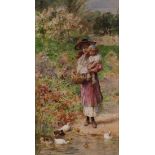 William Stephen Coleman - Mother and Child feeding Ducks, watercolour and gouache, signed and