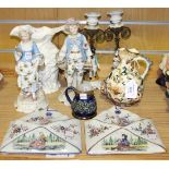 A small collection of Continental porcelain and pottery, including a Zsolnay Pécs ewer, a pair of