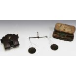 A set of 18th Century pocket balance scales within a softwood case, bearing paper label to