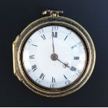 A gilt on copper and leather keywind open-faced pair cased gentleman's  pocket watch, the gilt fusee