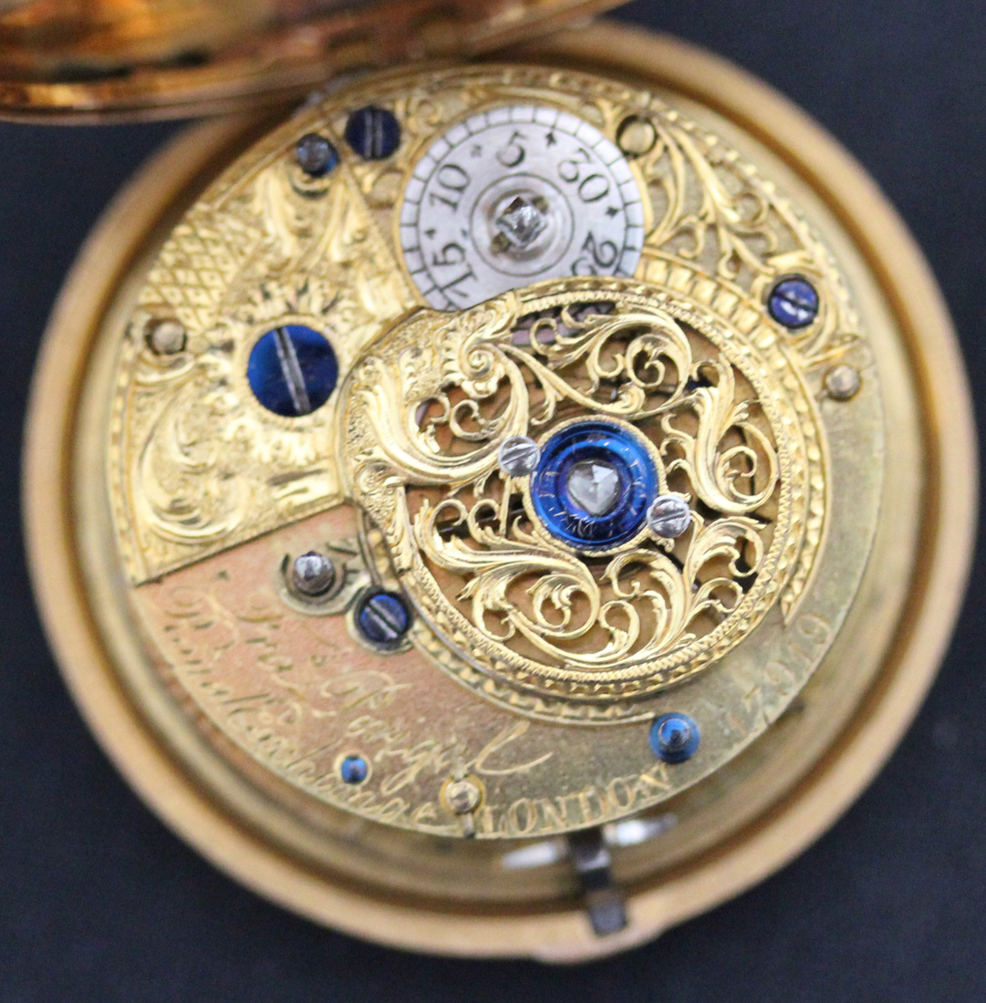 A gold and enamelled twin cased keywind open-faced pocket watch, the gilt fusee movement with a - Image 8 of 9