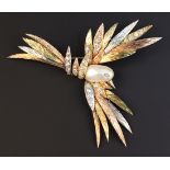 A three colour gold, diamond and freshwater cultured pearl brooch, designed as an exotic bird in