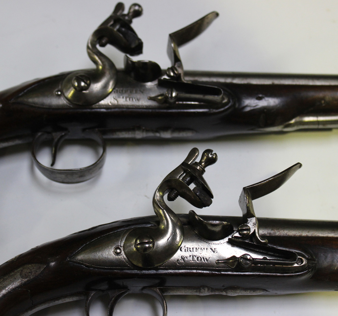 A pair of late 18th Century 20 bore flintlock holster pistols by Griffin & Tow, barrel length approx - Image 8 of 8