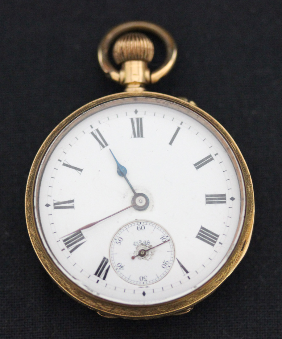 A gold cased keyless wind open-faced lady's fob watch, the jewelled lever movement detailed 'S Smith