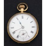 A gold cased keyless wind open-faced lady's fob watch, the jewelled lever movement detailed 'S Smith