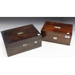 An early Victorian rosewood work box, the hinged lid inscribed 'Emma Waghorne', the