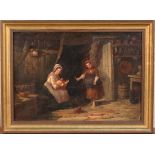 H.E. Hobson - Cottage Interior with Mother, Daughter and Baby, 19th Century oil on canvas, signed