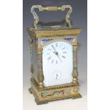 A 20th Century Chinese brass and enamel cased carriage alarm clock repeating on a bell, the white