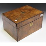 A Victorian burr walnut work box/writing slope with brass mounts, the hinged lid revealing a