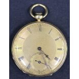 A gold cased keywind open-faced fob watch, the gilt cylinder movement detailed 'Cartier a Geneve',