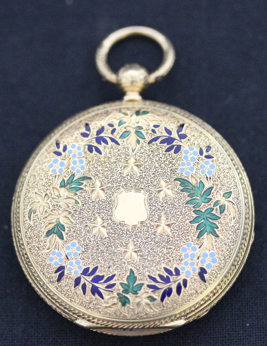 An 18ct gold and enamelled keywind hunting cased lady's fob watch, the gilt three quarter plate