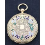 An 18ct gold and enamelled keywind hunting cased lady's fob watch, the gilt three quarter plate