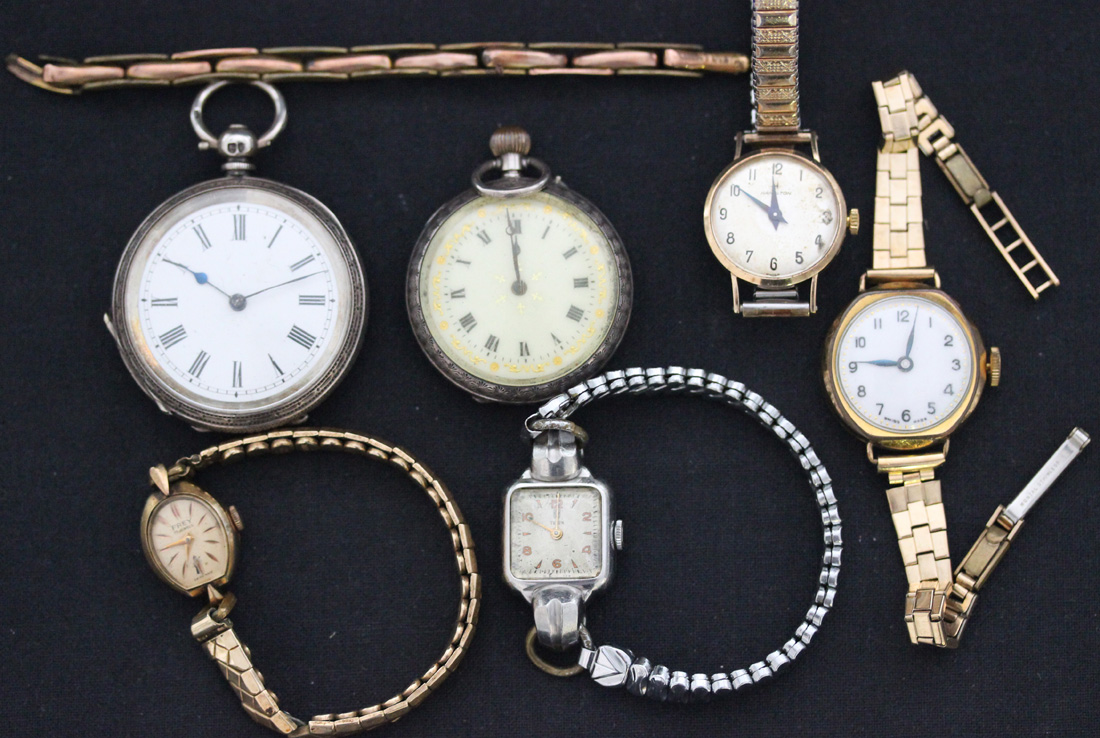 A Hamilton 9ct gold circular cased lady's wristwatch, on a gilt metal bracelet, a Tudor steel