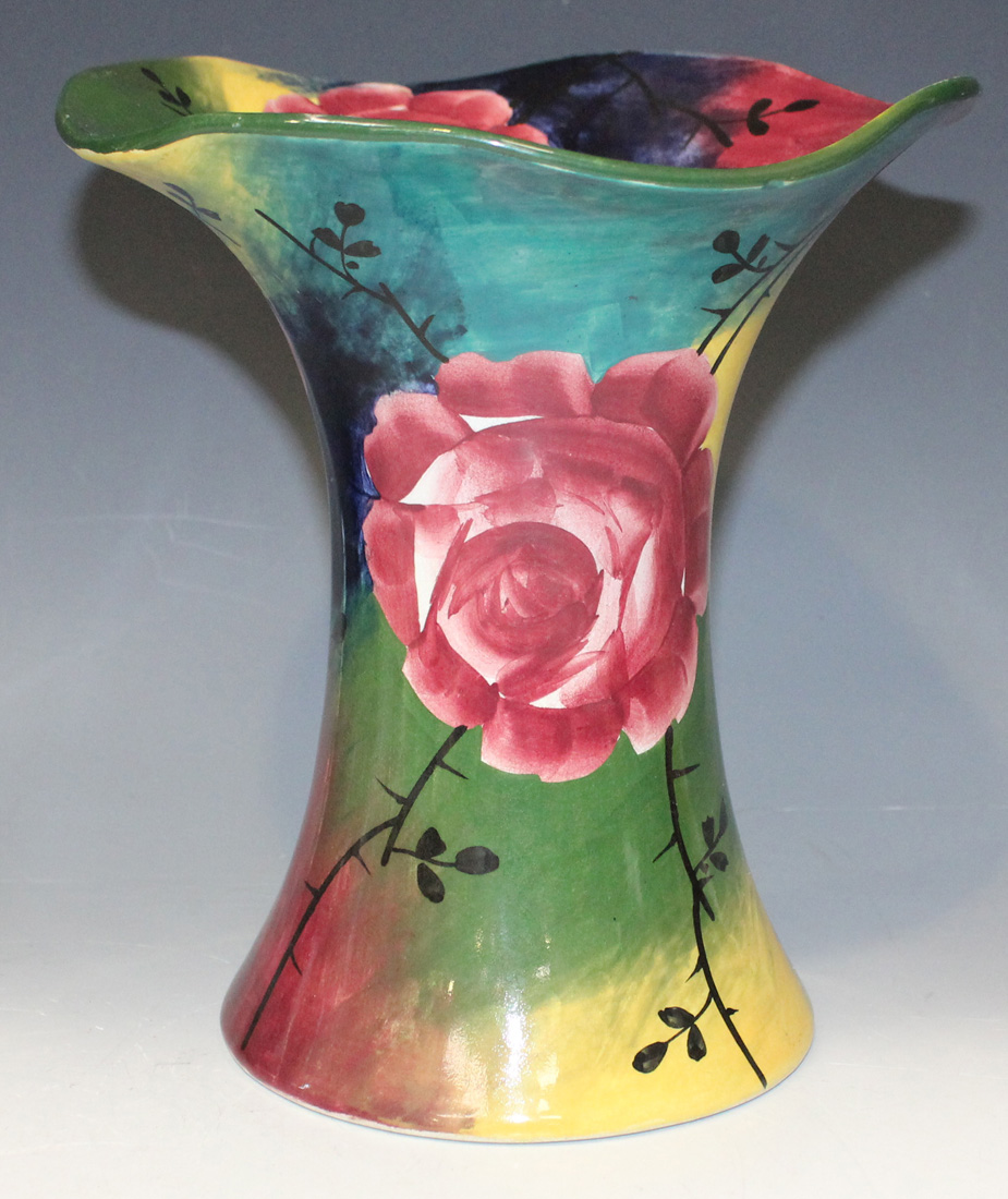 A Wemyss pottery jazzy ware trumpet vase, painted with cabbage rose on a colourful ground, - Image 2 of 4