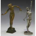 An Art Nouveau gilt cast bronze miniature figure of a nude maiden with her arms outstretched,