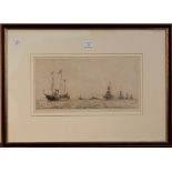 Rowland Langmaid - Fleet Review 1935, monochrome etching, signed in pencil, approx 18.5cm x 36cm.