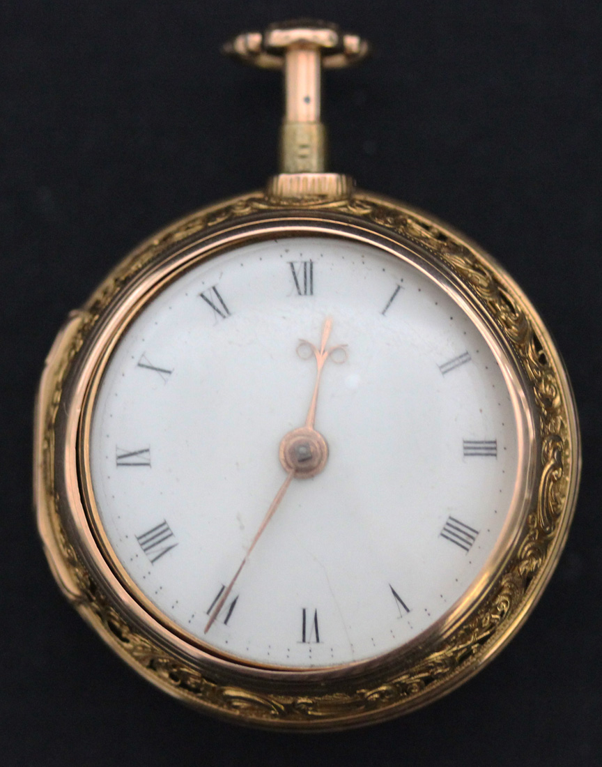 A mid-18th Century gold repoussé cased plunge quarter repeating open-faced pocket watch, the gilt - Image 6 of 11