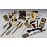 A large group of various collectors' items, including a Tunbridge ware pin cushion, a plated