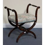 A 19th Century Dutch floral marquetry mahogany 'X' frame stool with vine, leaf, feather and line