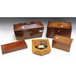 A 19th Century mahogany tea caddy, a Regency burr yew sarcophagus tea caddy, another tea caddy, a