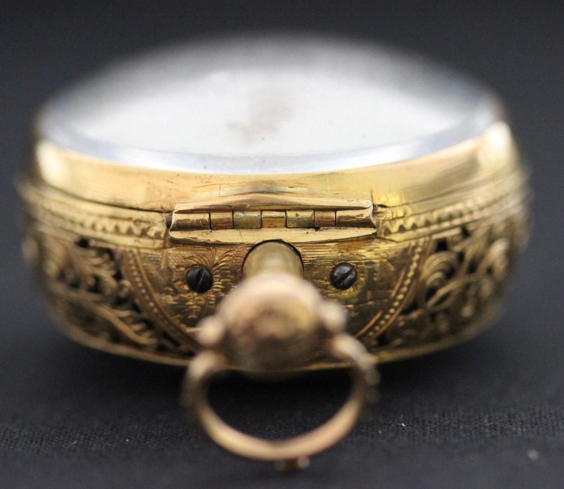 A mid-18th Century gold repoussé cased plunge quarter repeating open-faced pocket watch, the gilt - Image 4 of 11
