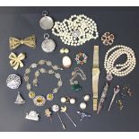 A group of mostly costume jewellery, including bead and other necklaces, imitation pearls, brooches,