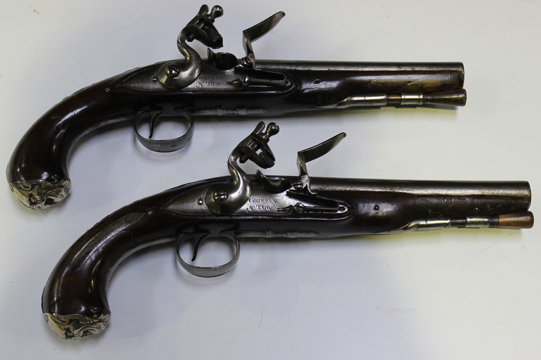 A pair of late 18th Century 20 bore flintlock holster pistols by Griffin & Tow, barrel length approx - Image 2 of 8