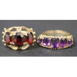 A 9ct gold ring, claw set with a row of three oval garnets, ring size approx L1/2, a pair of 9ct