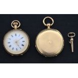 A gold keywind hunting cased lady's fob watch with an unsigned gilt jewelled lever movement, the