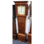 A George III mahogany longcase clock with thirty hour movement striking on a bell, the painted