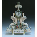 A mid-19th Century French Meissen style porcelain mantel clock with eight day movement striking on a