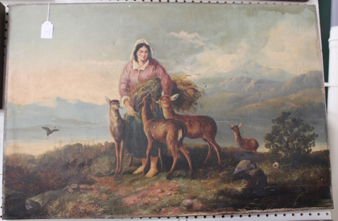 Late 19th Century Continental School - Faggot-gatherer feeding Deer, oil on canvas, indistinctly