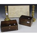 A small group of collectors' items, comprising a Regency rosewood tea caddy with brass inlay,
